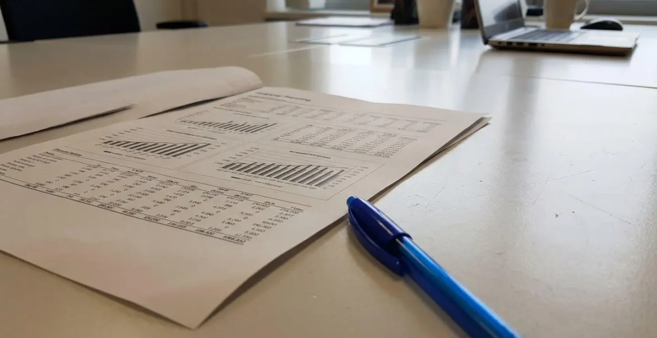 Gros plan sur un document financier posé sur un bureau moderne avec un stylo à côté