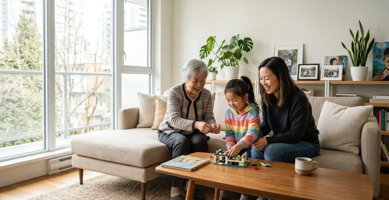 Famille de trois générations réunie dans un salon lumineux autour d'une table basse