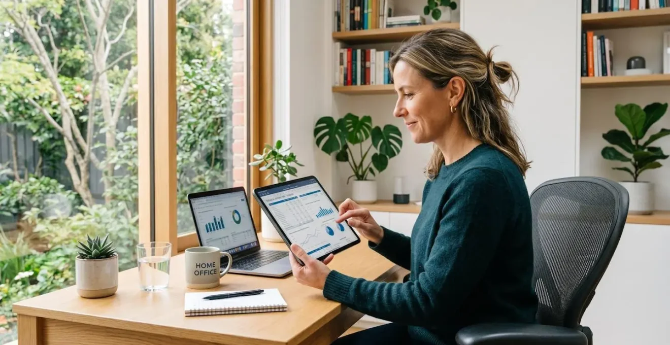 Femme de 45 ans consultant des graphiques financiers sur une tablette dans un bureau moderne et lumineux