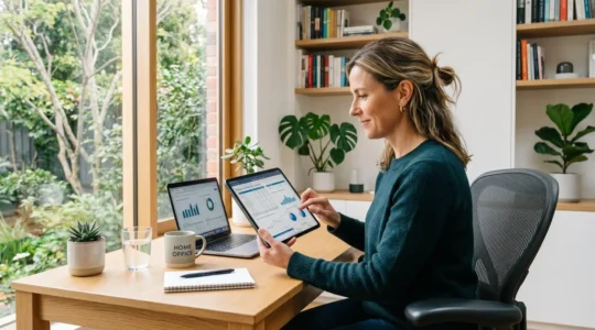 Femme de 45 ans consultant des graphiques financiers sur une tablette dans un bureau moderne et lumineux