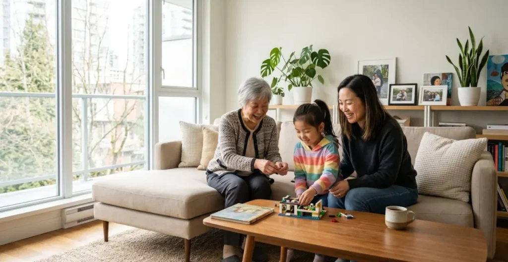 Famille de trois générations réunie dans un salon lumineux autour d'une table basse Famille de trois générations réunie dans un salon lumineux autour d'une table basse